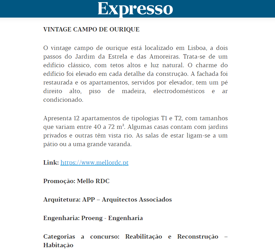 Vintage Campo de Ourique é candidato ao Prémio BPI Expresso Imobiliário.